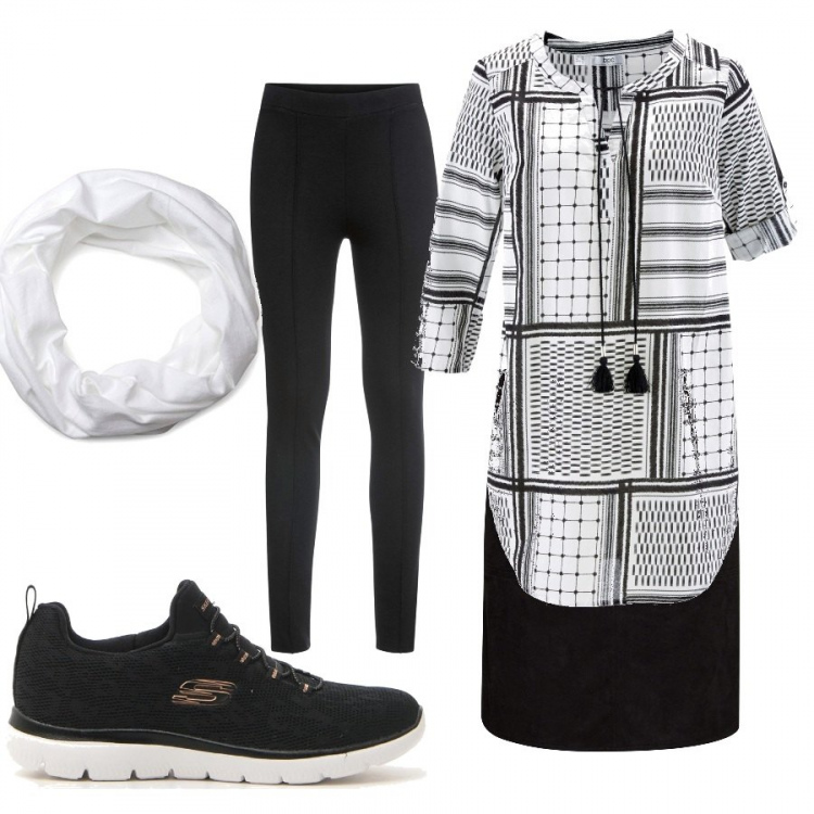 Outfit donna - Urban #7464. Stile Urban per Tutti i giorni. Abbinamento con tuniche, treggings, gonna, sneakers, foulard.