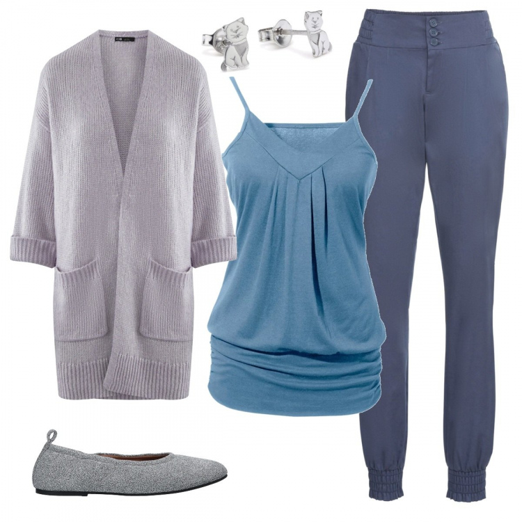 Outfit donna - Io resto a casa. Stile Basic per Tutti i giorni. Abbinamento con top, pantaloni, ballerine, cardigan con tasche grigio.
