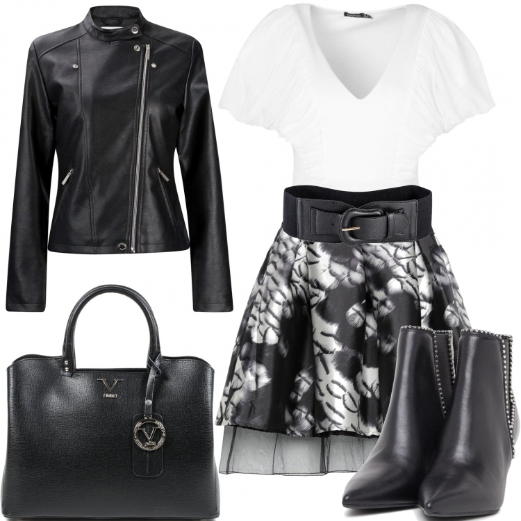 Outfit donna - Nero e bianco. Stile Rock per Serata fuori. Abbinamento con cinture, gonna, corpo, stivaletti, borse, giacca sportiva.