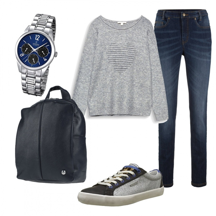 Outfit donna - Cuore di lana. Stile Basic per Tutti i giorni. Abbinamento con jeans skinny, zaino, felpe, scarpe da ginnastica argento, orologi.