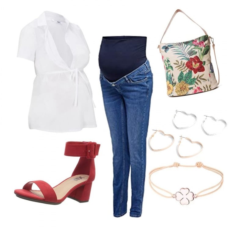 Outfit donna - A pranzo con amiche. Stile Basic per Tutti i giorni. look ideale per Premaman. Abbinamento con gilet, orecchini, scarpe col tacco, jeans, borsa a spalla, braccialetti.