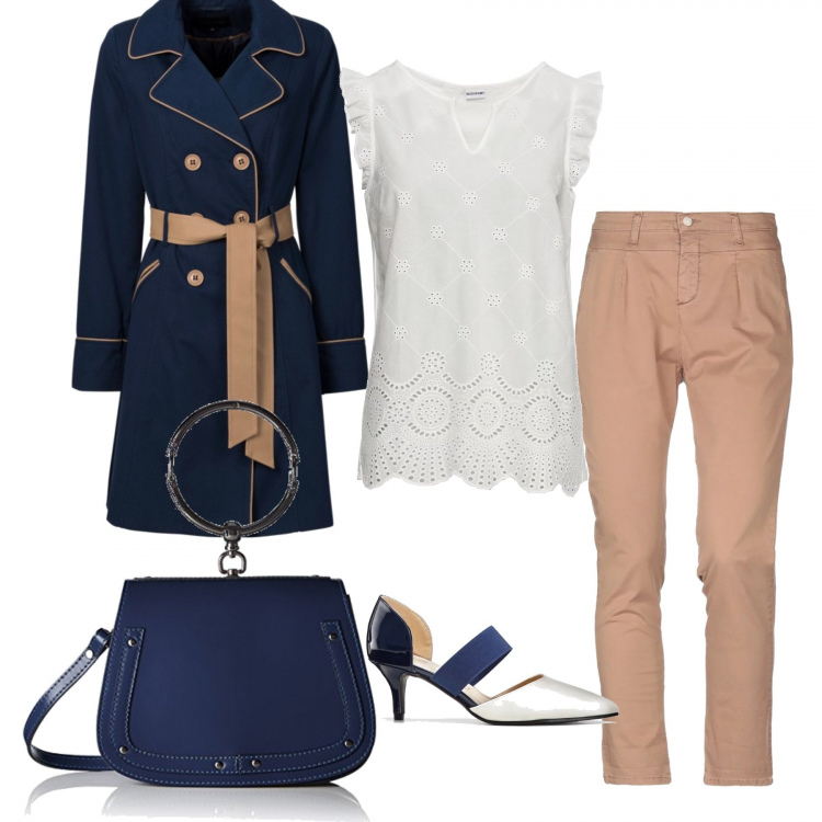 Outfit donna - Bon Ton #7145. Stile Bon Ton per Ufficio. Abbinamento con trench, top, décolleté, pantalone chino, borse a spalla.