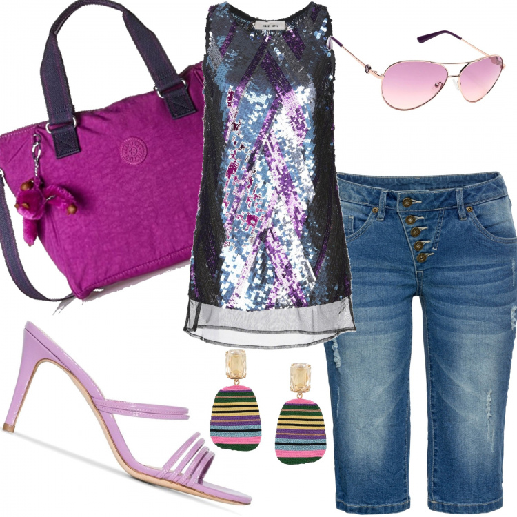Outfit donna - Paiette. Stile Trendy per Serata fuori. Abbinamento con top, occhiali da sole, costumi interi, orecchini, sandali effetto vernice viola, borsa a secchiello con manico e tracolla regolabile rosa.