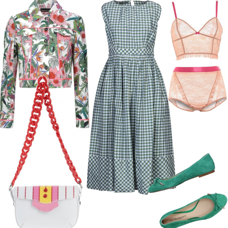 Outfit donna - Il Coordinato Intimo Ideale. Stile Urban per Tutti i giorni. Abbinamento con vestito senza maniche, completo intimo, ballerine, blazer, borse a spalla.