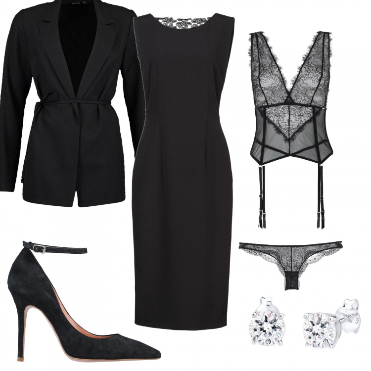 Outfit donna - Belle dentro!. Stile Sexy per Serata fuori. Abbinamento con vestiti midi/longuette, slip, décolleté, blazer, orecchini.