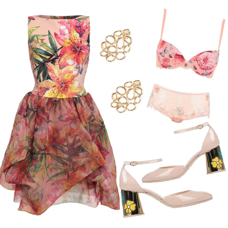 Outfit donna - L\'Abito floreale!. Stile Bon Ton per Serata fuori. Abbinamento con vestiti corti, slip culotte, décolleté, reggiseno, orecchini.