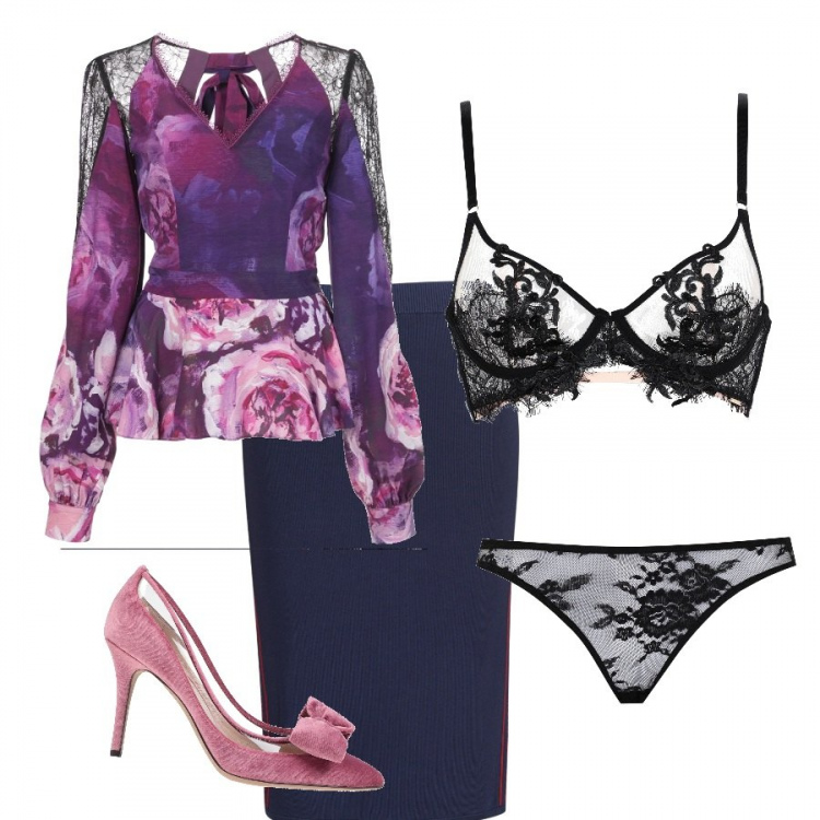 Outfit donna - Raffinata di sera. Stile Sexy per Serata fuori. Abbinamento con slip, zeppe, reggiseni, minigonne, blusa.