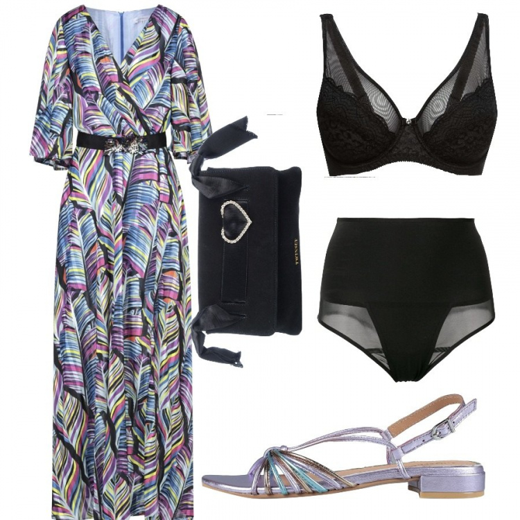 Outfit donna - Outfit Yola. Stile Bon Ton per Cerimonia. Abbinamento con reggiseno, vestiti lunghi, sandali col tacco, borse a mano, slip a culottes nero.