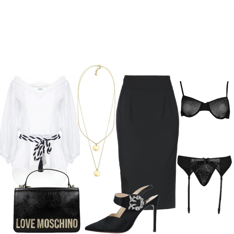 Outfit donna - Intimo nero con camicia bianca. Stile Sexy per Serata fuori. Abbinamento con bluse, décolleté, gonne longuette, reggiseno con spalline, borsa a mano, collana.