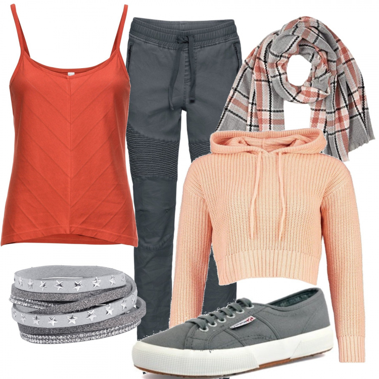 Outfit donna - Comodamente carina. Stile Rock per Scuola/Università. Abbinamento con pantaloni sportivi, pullovers, braccialetti, maglione, sneakers, sciarpa.