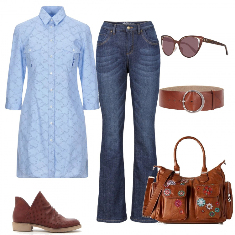 Outfit donna - L\'immancabile borsa Desigual. Stile Trendy per Tutti i giorni. Abbinamento con jeans bootcut, camicie, cinture, borsa a spalla, stivaletti, occhiali da sole marrone.