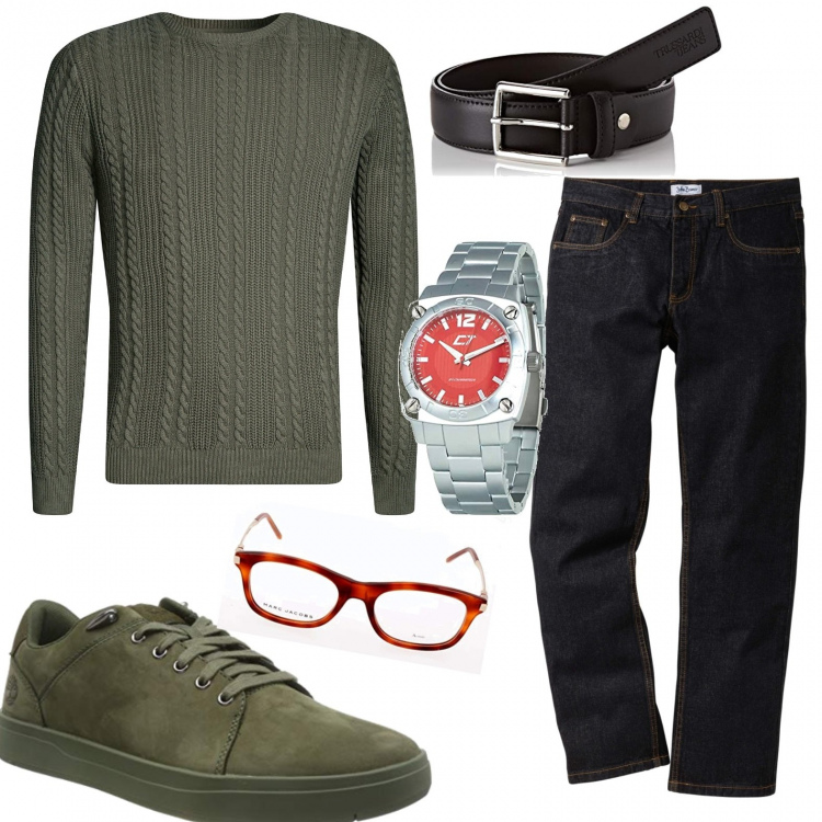 Outfit uomo - Casual #4453. Stile Casual per Tutti i giorni. Abbinamento con jeans dritti, maglioni, scarpe oxford con pizzo verde e nero, orologi, occhiali da sole, cintura.