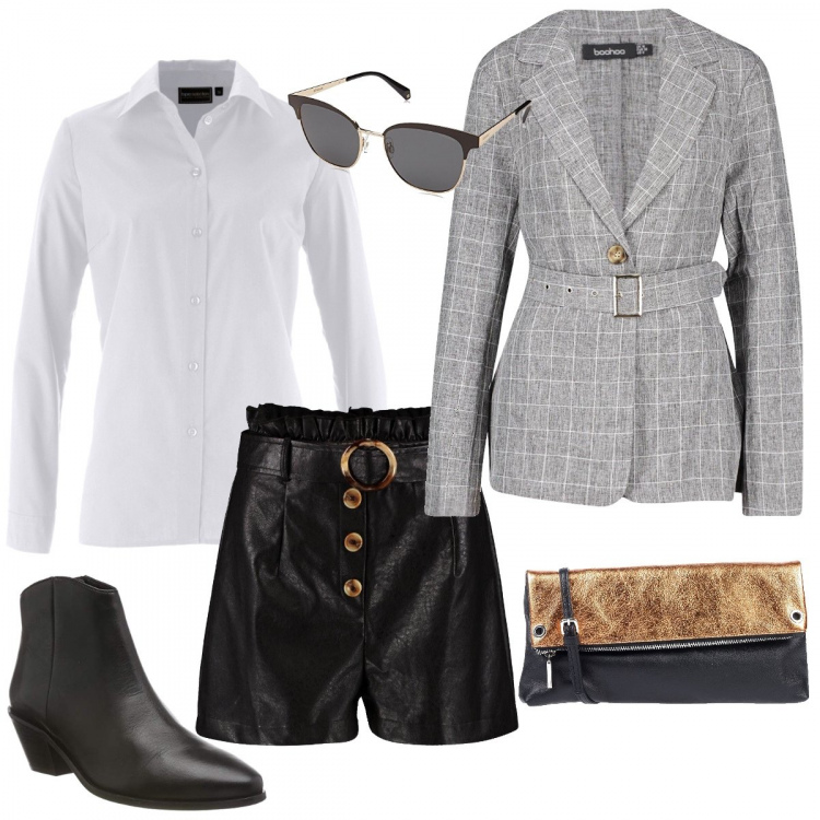 Outfit donna - Short in ecopelle al lavoro. Stile Trendy per Ufficio. Abbinamento con camicie, borse a tracolla, pantalone corto con tasche, blazer, stivaletti, occhiali da sole.