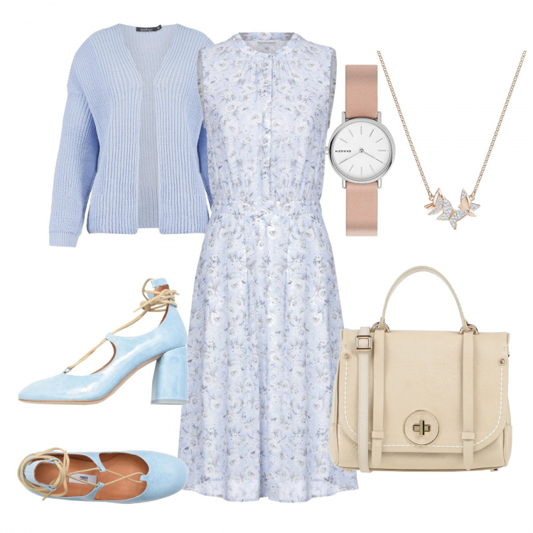 Outfit donna - Lunedì anni 40. Stile Bon Ton per Ufficio. Abbinamento con cardigans, vestito longuette/midi, décolleté, borse a mano, collane, orologio analogico con cinturino e sfere.