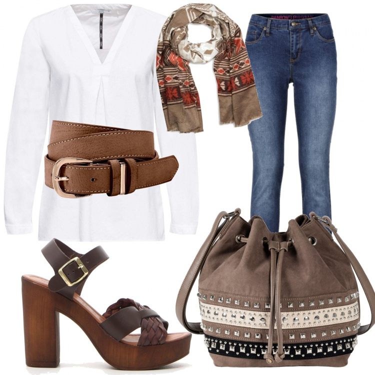 Outfit donna - Trendy #15904. Stile Trendy per Tutti i giorni. Abbinamento con jeans skinny, borse a mano, cinture, camicie, sandali, sciarpe.