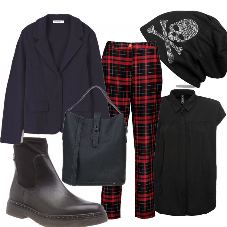 Outfit donna - Urban con la felpa low-cost. Stile Urban per Tutti i giorni. Abbinamento con camicie a manica corta, borsa a mano, blazer, pantalone rosso, berretti, stivaletti.