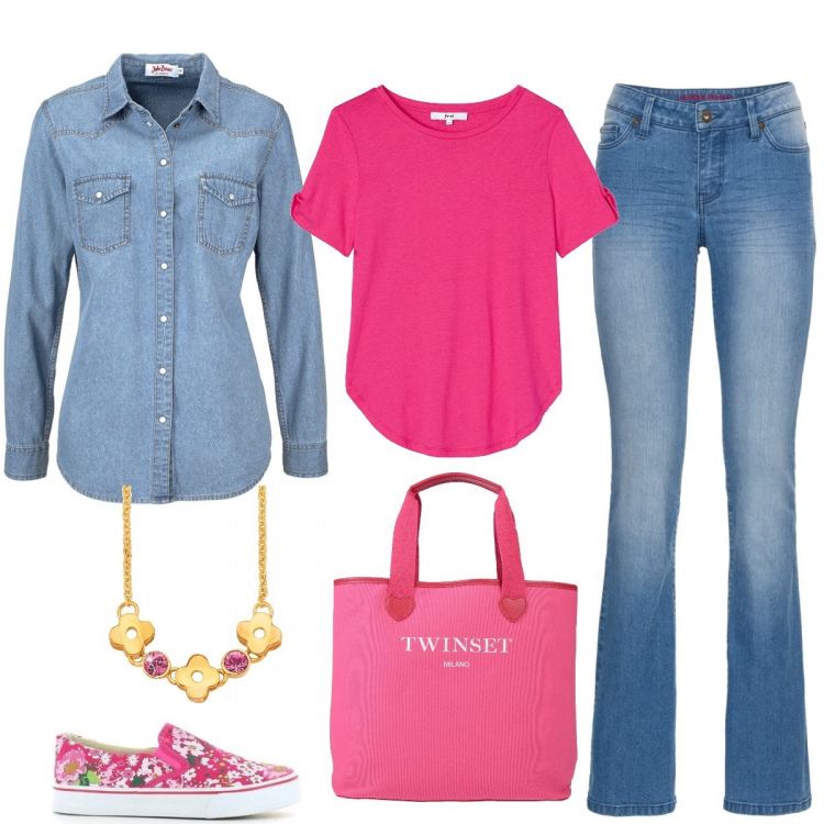 Outfit donna - Un look per ogni giorno. Stile Basic per Tutti i giorni. Abbinamento con camicie, jeans bootcut, borsa a mano, scarpe, t-shirt, ciondoli.