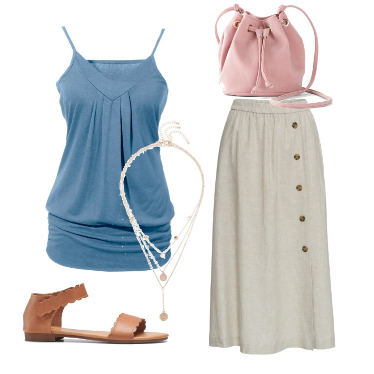 Outfit donna - Comodità prima di tutto. Stile Basic per Tutti i giorni. Abbinamento con top, pantaloni, sandali, ciondoli, borsa a tracolla.