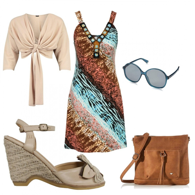 Outfit donna - 0129# passeggiata al mare. Stile Basic per Tutti i giorni. Abbinamento con vestiti, top petite con cerchi, borse a tracolla, sandali, occhiali da sole.