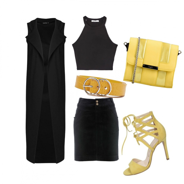 Outfit donna - Black & yellow. Stile Trendy per Serata fuori. Abbinamento con gonne lunghe, borse a mano, top, cinture, cardigan, sandali.