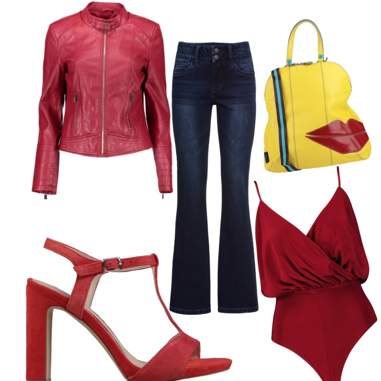 Outfit donna - Rosso passione. Stile Trendy per Tutti i giorni. Abbinamento con jeans bootcut, borse a mano, sandali in pelle, corpo, blazer.