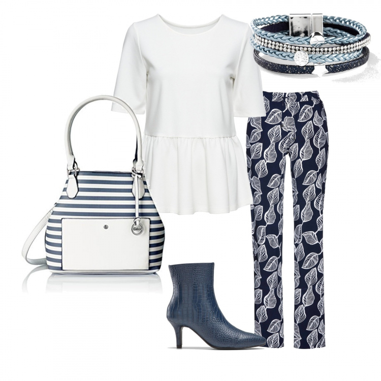 Outfit donna - Urban #7620. Stile Urban per Tutti i giorni. Abbinamento con pantaloni, maglia bianco, stivaletti, braccialetti, borse tote.