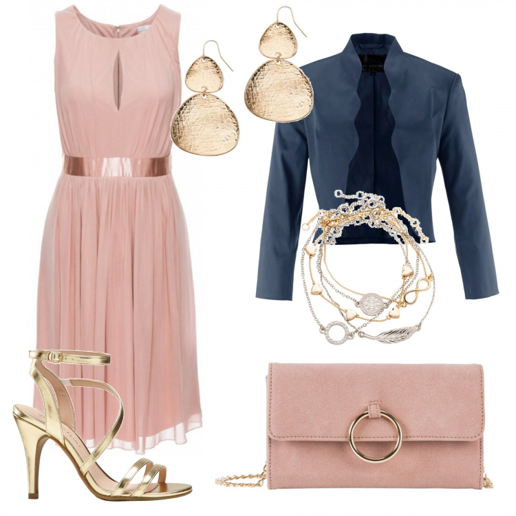 Outfit donna - Cerimonia oro e rosa. Stile Bon Ton per Cerimonia. Abbinamento con cappotti, vestiti, blazer, maglieria, braccialetti con ciondoli, orecchini.