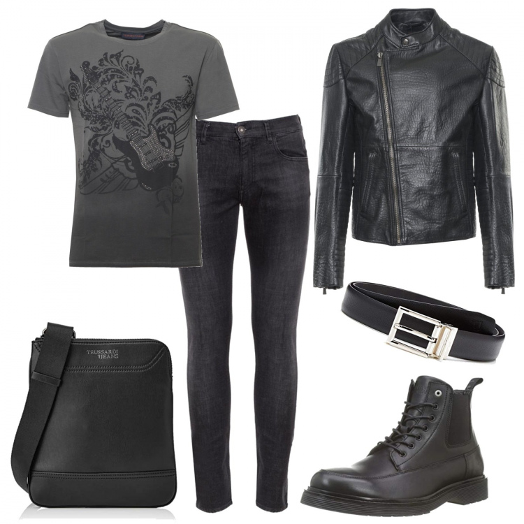 Outfit uomo - Trussardi dalla testa ai piedi. Stile Biker Rock per Tutti i giorni. Abbinamento con cintura, t-shirt, jeans, anfibi, cappotti, corpo.