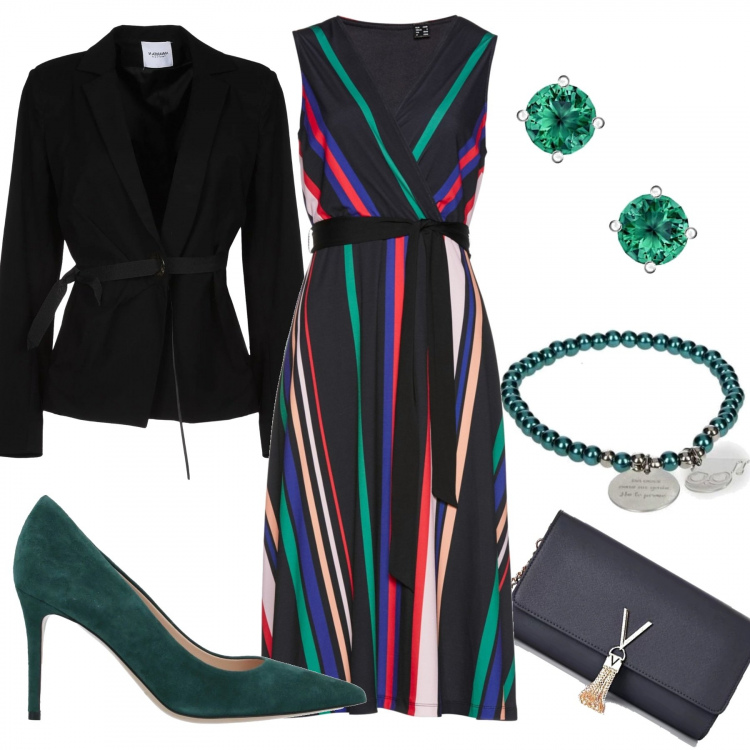 Outfit donna - Variopinta femminilità. Stile Bon Ton per Ufficio. Abbinamento con vestiti, blazer, décolleté, braccialetti, pochette, orecchini.
