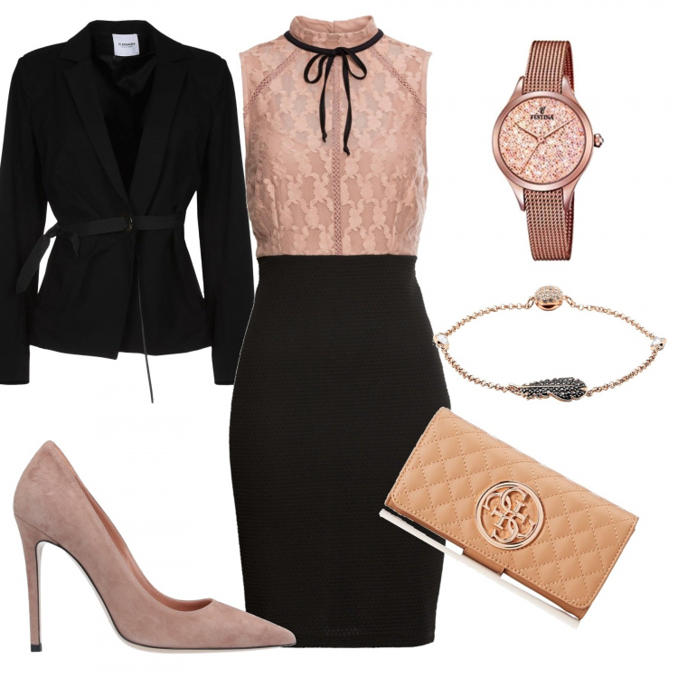 Outfit donna - L\'abito di classe. Stile Chic per Ufficio. Abbinamento con blazer, braccialetti, décolleté, vestiti midi/longuette, portafogli, orologio analogico.