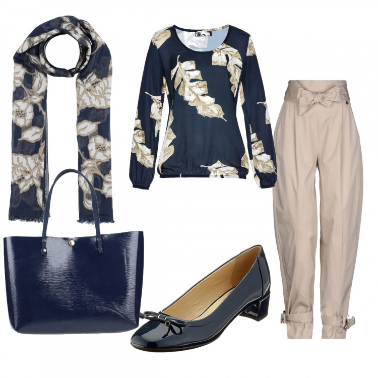 Outfit donna - Foglie e fiori. Stile Basic per Ufficio. Abbinamento con pantalone lungo, stole, borsa a mano, bluse, scarpe col tacco.