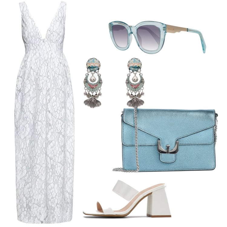 Outfit donna - Pizzo da vacanza. Stile Etnico per Serata fuori. Abbinamento con borse a mano, orecchini, vestiti midi/longuette, ciabatte, occhiali da sole.