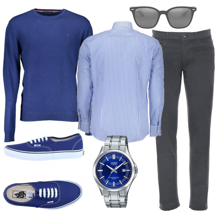 Outfit uomo - Trussardi style. Stile Casual per Tutti i giorni. Abbinamento con sneakers, camicia, pantalone lungo, maglia, occhiali da sole, orologi analogici.