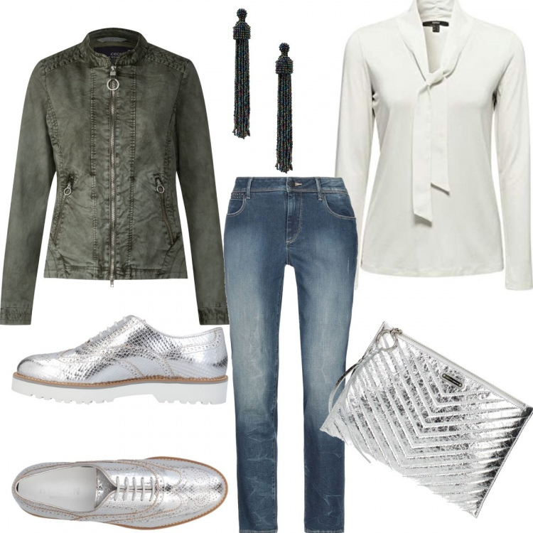 Outfit donna - Una serata alternativa. Stile Trendy per Serata fuori. Abbinamento con scarpe stringate, jeans, orecchini, pochette, pullovers, cappotto verde e kaki.