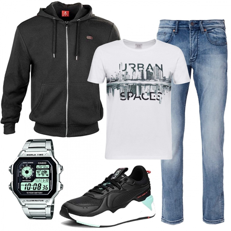 Outfit uomo - Total look Amazon. Stile Casual per Tutti i giorni. Abbinamento con felpe con cappuccio, t-shirt, jeans, orologi digitali, scarpe da ginnastica unisex-adulto nero e bianco.