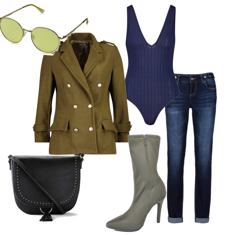 Outfit donna - Rock #2216. Stile Rock per Serata fuori. Abbinamento con jeans boyfriend, borsa a tracolla, corpo, cappotto, stivaletti, occhiali da sole unisex-adulto oro.