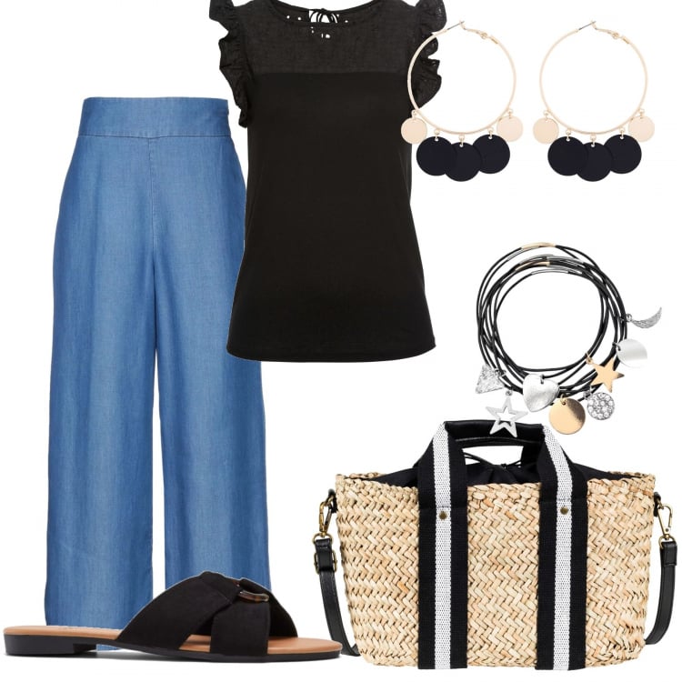 Outfit donna - Borsa di paglia. Stile Basic per Tutti i giorni. Abbinamento con pantaloni, t-shirt, borse a mano, ciabatte, felpe, orecchini.