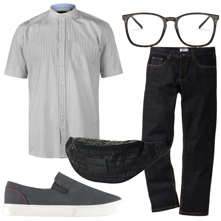 Outfit uomo - Nerd low cost. Stile Casual per Tutti i giorni. Abbinamento con jeans dritti, zaino, camicie a manica corta, scarpa sportiva.