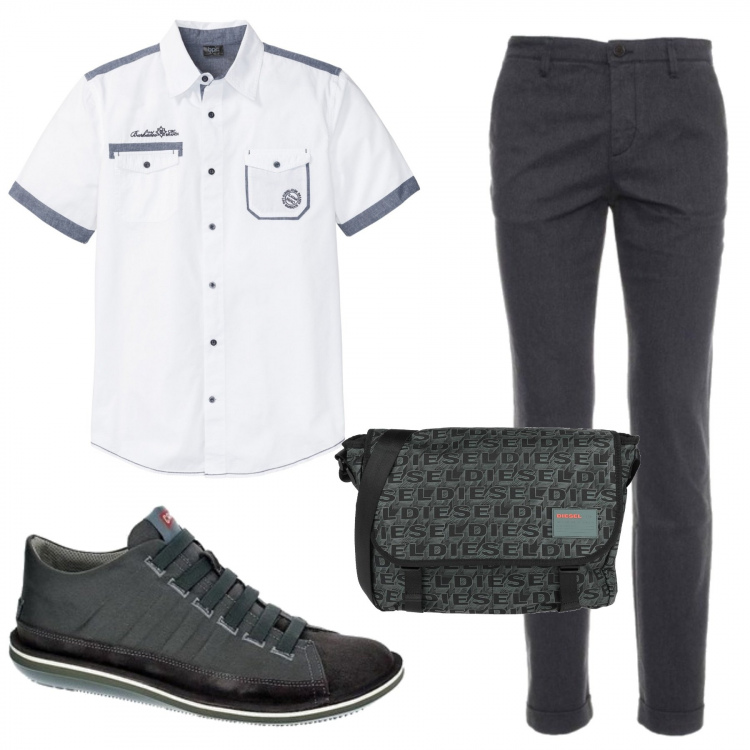 Outfit uomo - Urban #2660. Stile Urban per Tutti i giorni. Abbinamento con camicie a manica corta, borsa a spalla, pantaloni, scarpe elegant grigio.
