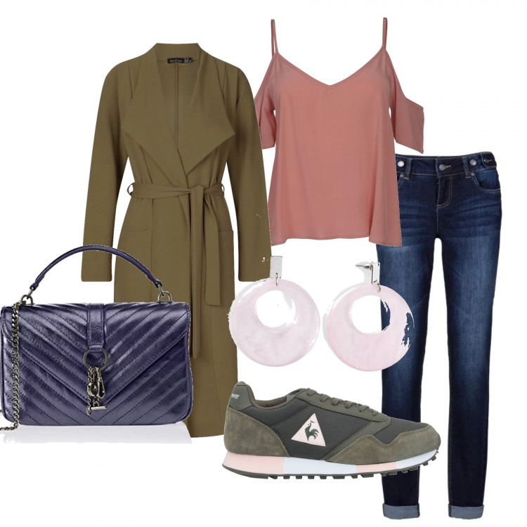 Outfit donna - Urban #7771. Stile Urban per Scuola/Università. Abbinamento con jeans boyfriend, orecchini, sneakers, impermeabile, top, borse a mano.