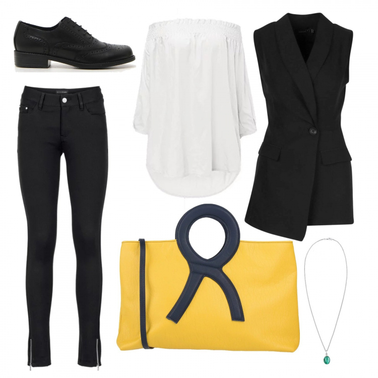 Outfit donna - Massima serietà!. Stile Basic per Ufficio. Abbinamento con pantaloni, borse a mano, blazer, camicia, ciondoli, scarpe stringate.