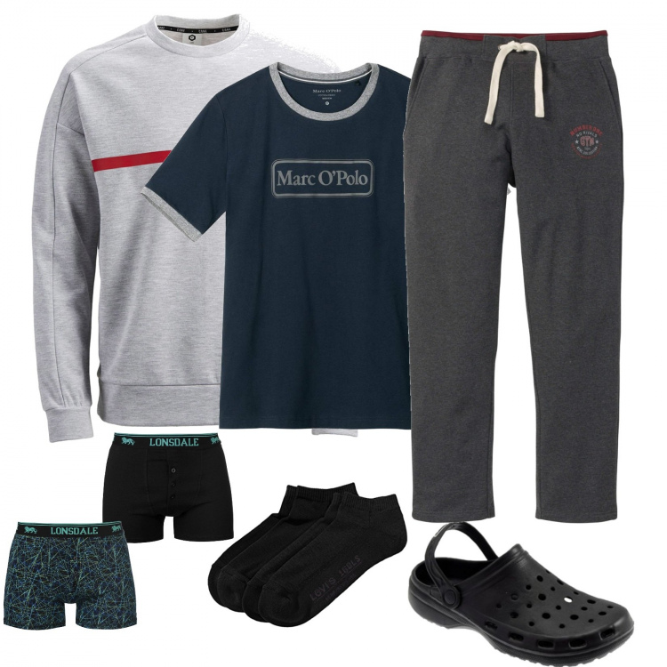 Outfit uomo - #iorestoacasa. Stile Casual per Tutti i giorni. Abbinamento con pantaloni, sandali, felpe, boxer, calzino, corpo.