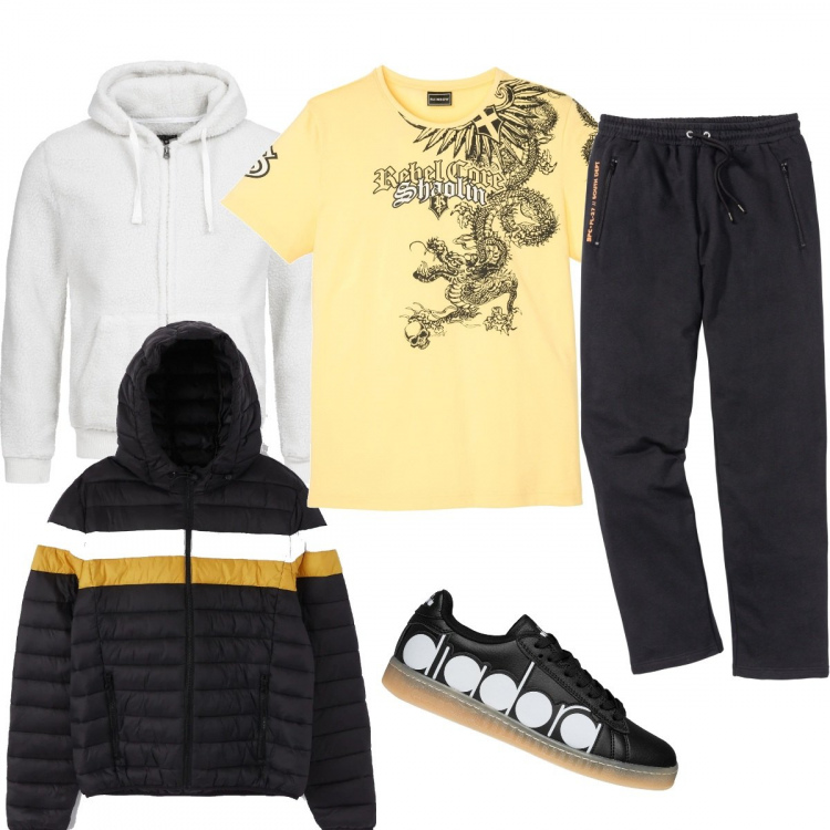 Outfit uomo - Un ragazzo sportivo. Stile Casual per Sport. Abbinamento con pantaloni, t-shirt, cappotti, scarpa sportiva, felpa.