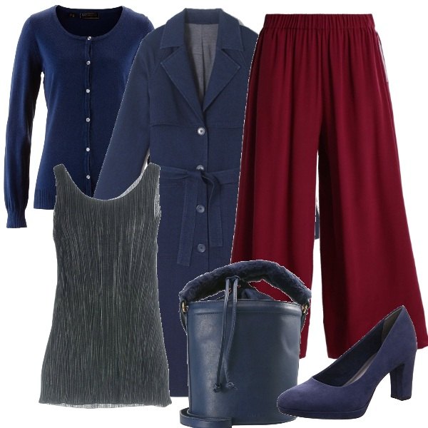 Outfit donna - Pantaloni palazzo. Stile Basic per Ufficio. Abbinamento con cardigans.