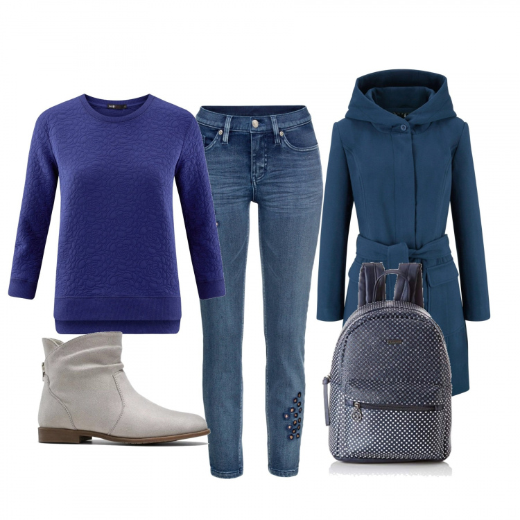 Outfit donna - Basic #9809. Stile Basic per Tutti i giorni. Abbinamento con blazer, blazer, stivaletti, maglione aderente blu, zaini.
