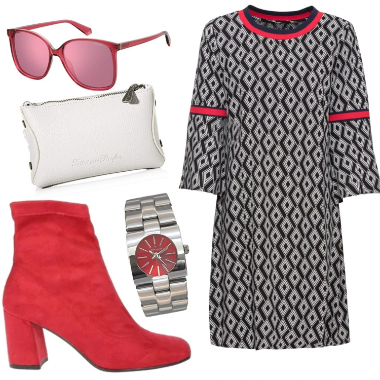 Outfit donna - Vado in ufficio. Stile Urban per Tutti i giorni. Abbinamento con vestiti, stivaletti, occhiali da sole, orologio, borse a spalla.