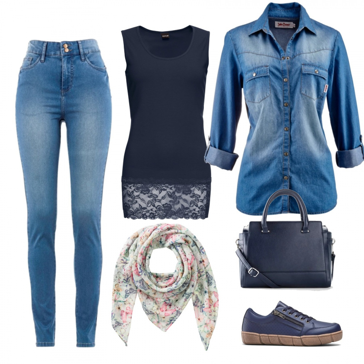 Outfit donna - Urban #7813. Stile Urban per Tutti i giorni. Abbinamento con camicie, jeans slim fit, top, sneakers, portafogli, foulard.