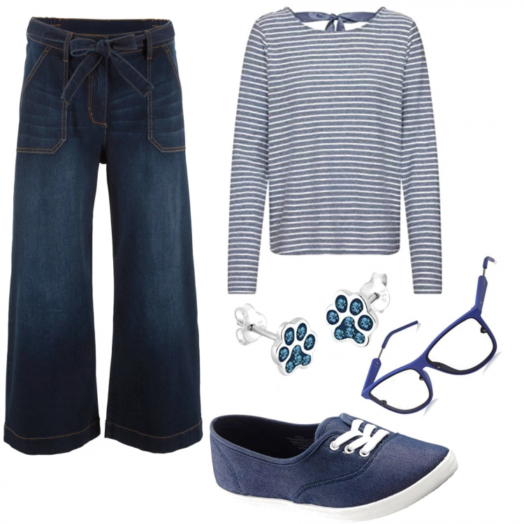 Outfit donna - Comodo, in casa. Stile Urban per Tutti i giorni. Abbinamento con sneakers, jeans, top, orecchini, occhiali da sole.