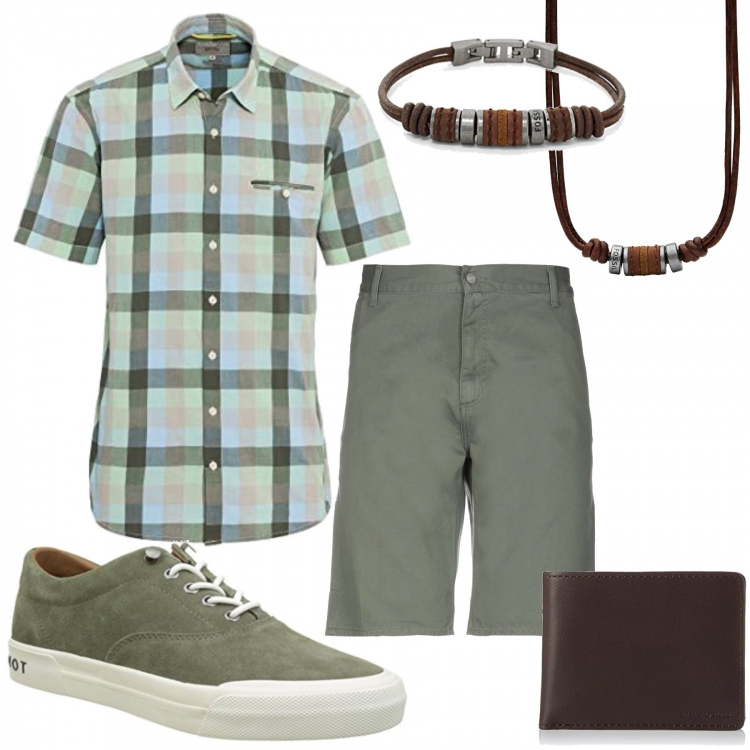 Outfit homme - Aventurier. Style Tendance pour Tous les jours. Assortir avec chemises à manches courtes, pantalons courts et shorts, sneakers, colliers, bracelets, porte-feuilles et porte-monnaie.