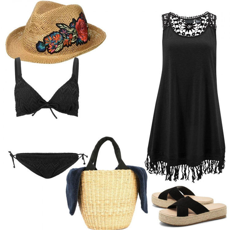 Outfit donna - Basic #9883. Stile Basic per Mare. Abbinamento con vestiti da spiaggia, bikini, scarpa, borsa tote, cappello.